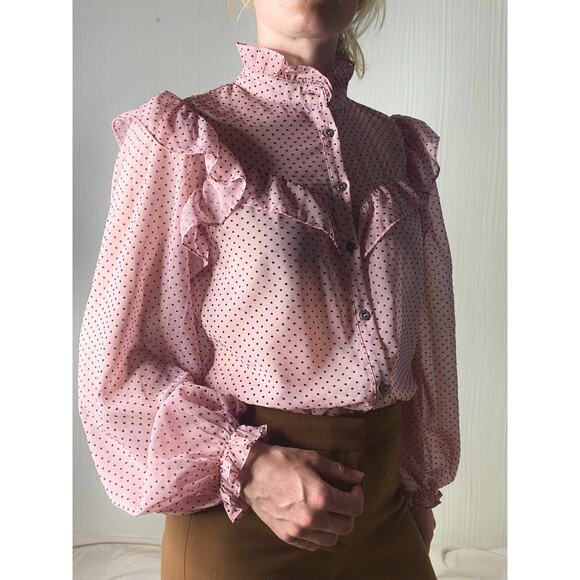 ZARA Sheer Pink and Red Polka Dot Ruffle Button Up Blouse US SMALL - Picture 6 of 10